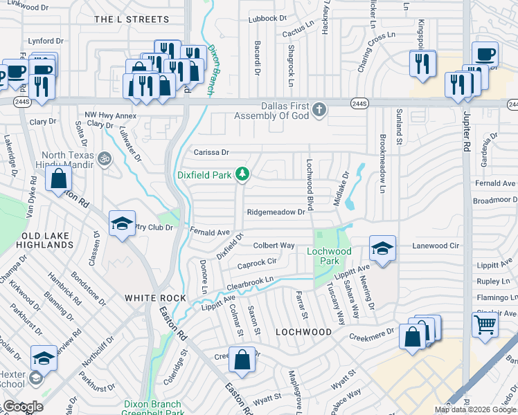map of restaurants, bars, coffee shops, grocery stores, and more near 10920 Scotsmeadow Drive in Dallas