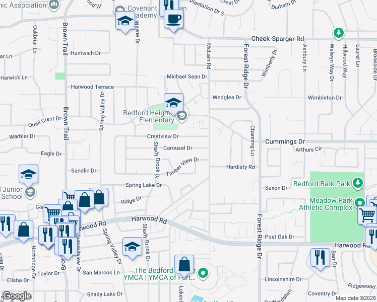 map of restaurants, bars, coffee shops, grocery stores, and more near 1116 Carousel Drive in Bedford