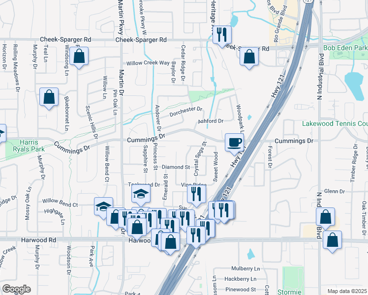 map of restaurants, bars, coffee shops, grocery stores, and more near 3300 Millridge Street in Bedford