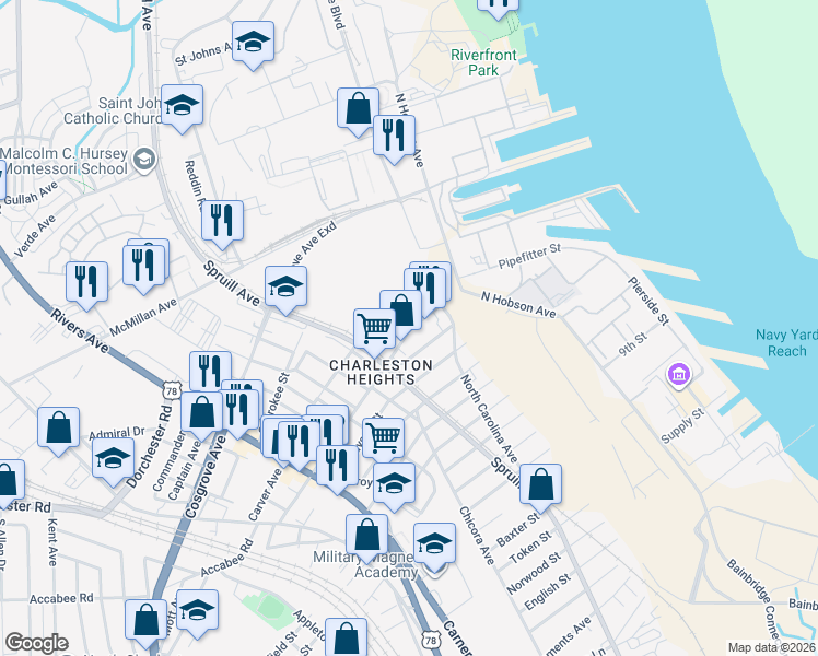 map of restaurants, bars, coffee shops, grocery stores, and more near 1820 Reynolds Avenue in North Charleston