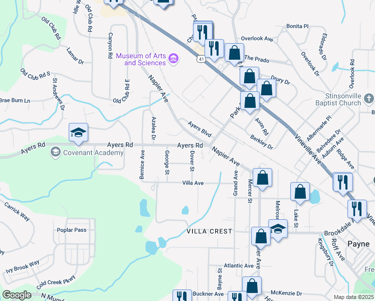 map of restaurants, bars, coffee shops, grocery stores, and more near 4210 Ayers Road in Macon