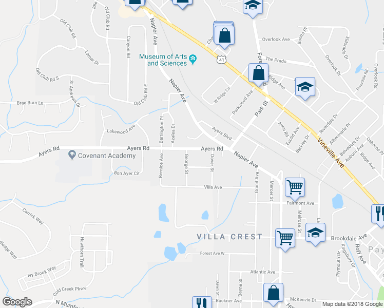 map of restaurants, bars, coffee shops, grocery stores, and more near 4266 Ayers Road in Macon