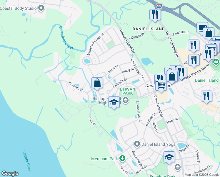 map of restaurants, bars, coffee shops, grocery stores, and more near 101 Cooke Street in Charleston