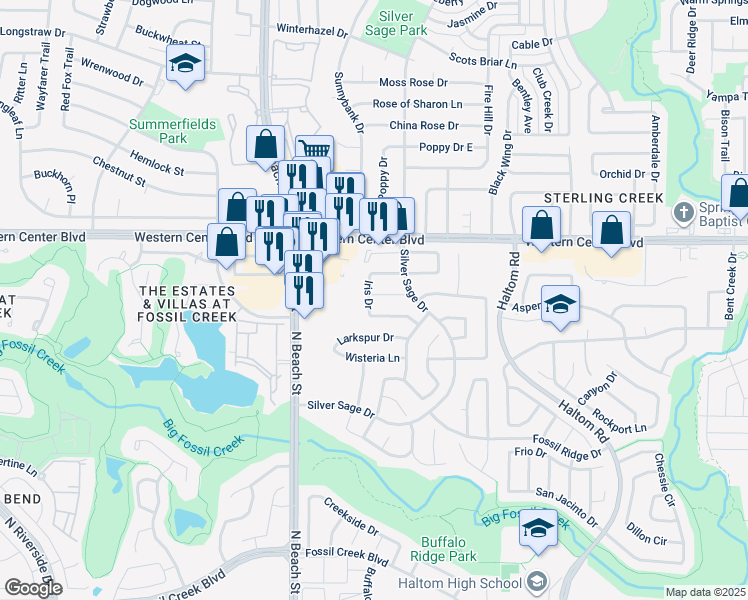 map of restaurants, bars, coffee shops, grocery stores, and more near 4000 Iris Court in Haltom City