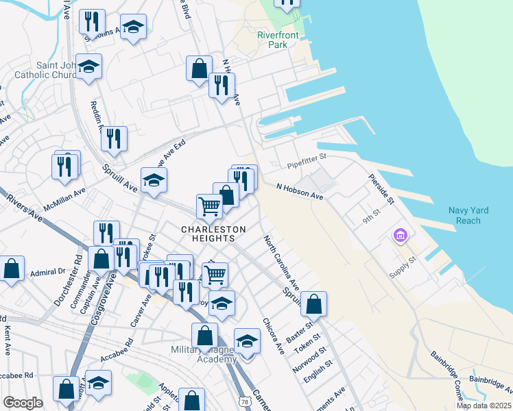 map of restaurants, bars, coffee shops, grocery stores, and more near 1802 Dayton Street in North Charleston