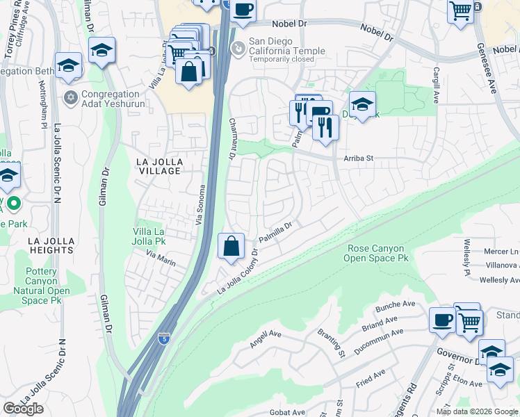 map of restaurants, bars, coffee shops, grocery stores, and more near 7170 Caminito Zabala in San Diego