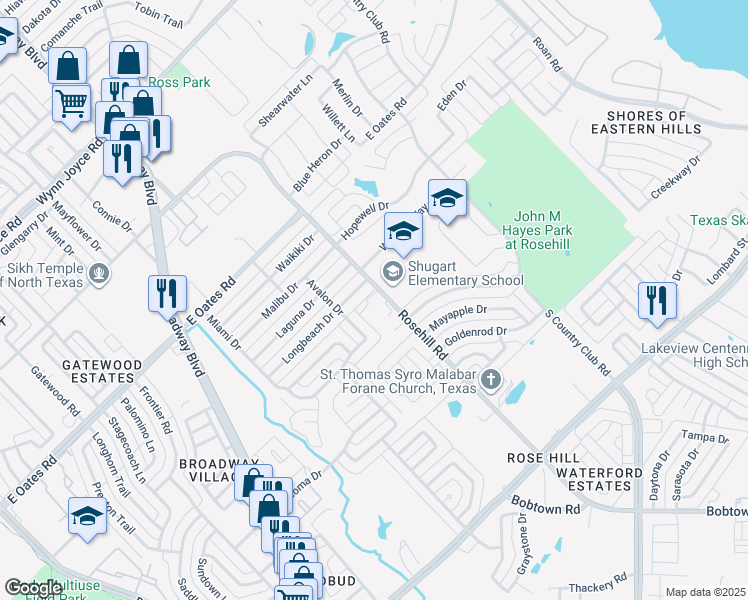 map of restaurants, bars, coffee shops, grocery stores, and more near 4719 Rosehill Road in Garland