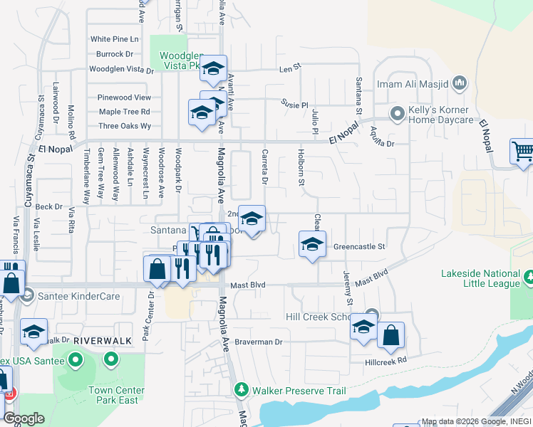 map of restaurants, bars, coffee shops, grocery stores, and more near 9915 Magnolia Avenue in Santee