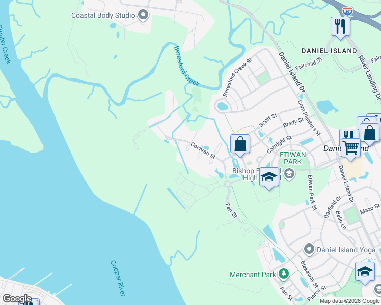 map of restaurants, bars, coffee shops, grocery stores, and more near 602 South Leavitt Court in Charleston