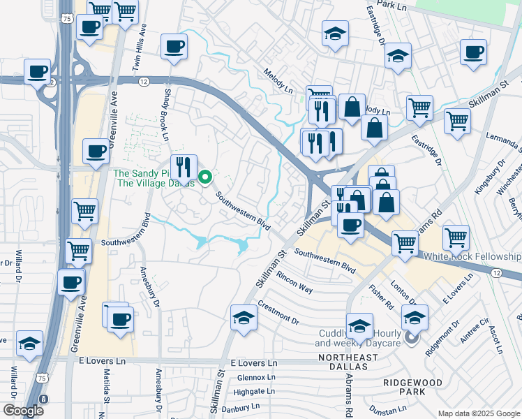 map of restaurants, bars, coffee shops, grocery stores, and more near 8705 Southwestern Boulevard in Dallas