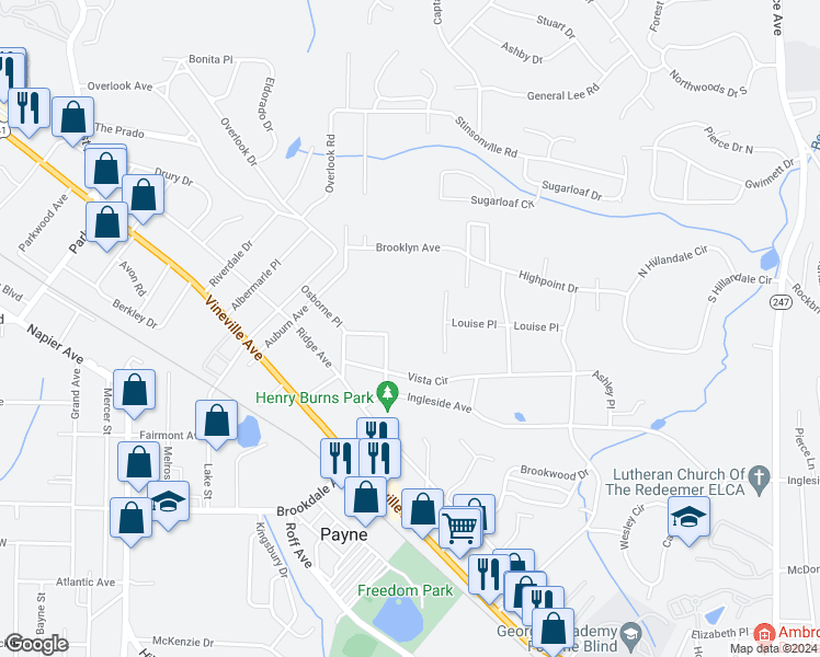 map of restaurants, bars, coffee shops, grocery stores, and more near 554 Inglewood Place in Macon