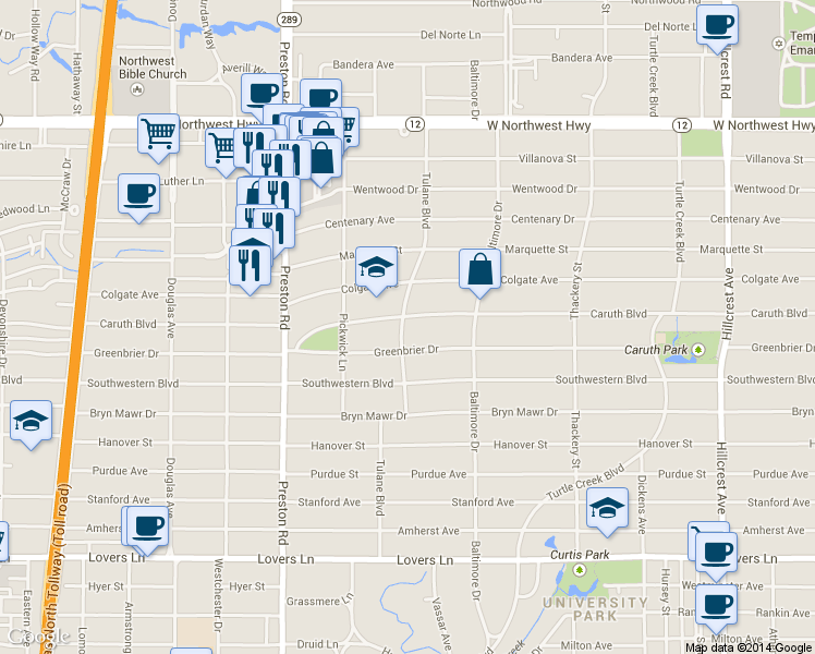 map of restaurants, bars, coffee shops, grocery stores, and more near 3849 Caruth Boulevard in Dallas
