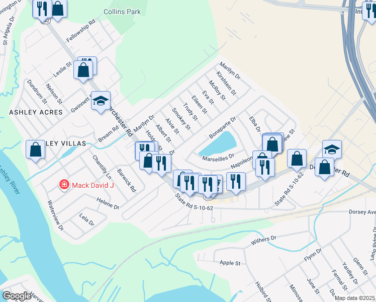 map of restaurants, bars, coffee shops, grocery stores, and more near 4230 Bonaparte Drive in North Charleston
