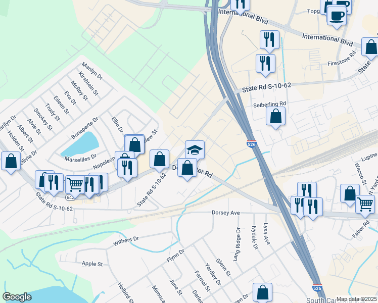 map of restaurants, bars, coffee shops, grocery stores, and more near 3815 W Montague Ave in North Charleston