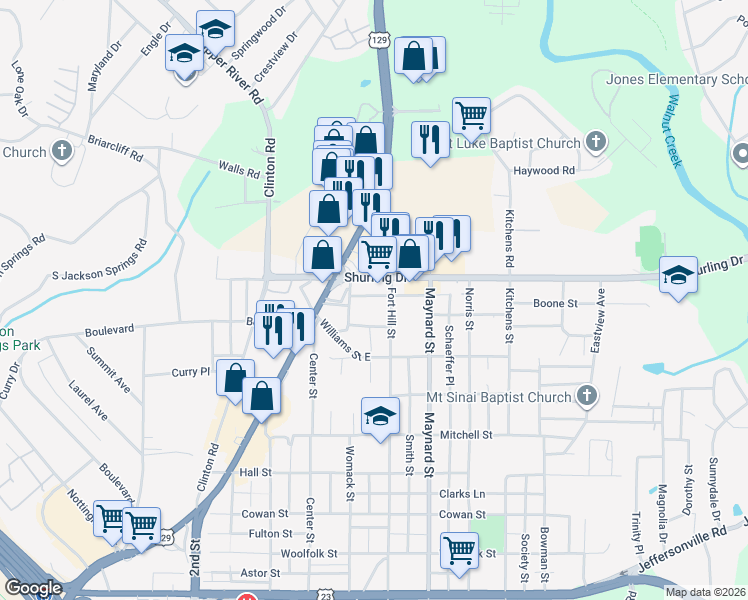 map of restaurants, bars, coffee shops, grocery stores, and more near 663 Shurling Drive in Macon