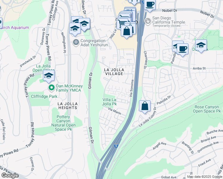 map of restaurants, bars, coffee shops, grocery stores, and more near 3230 Caminito Eastbluff in San Diego