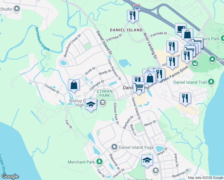 map of restaurants, bars, coffee shops, grocery stores, and more near 126 Etiwan Park Street in Charleston