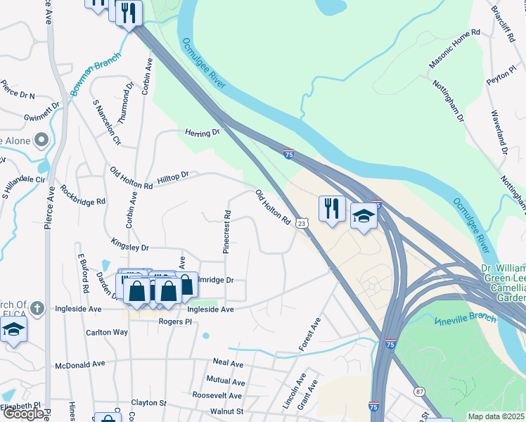 map of restaurants, bars, coffee shops, grocery stores, and more near 2149-2155 Old Holton Road in Macon