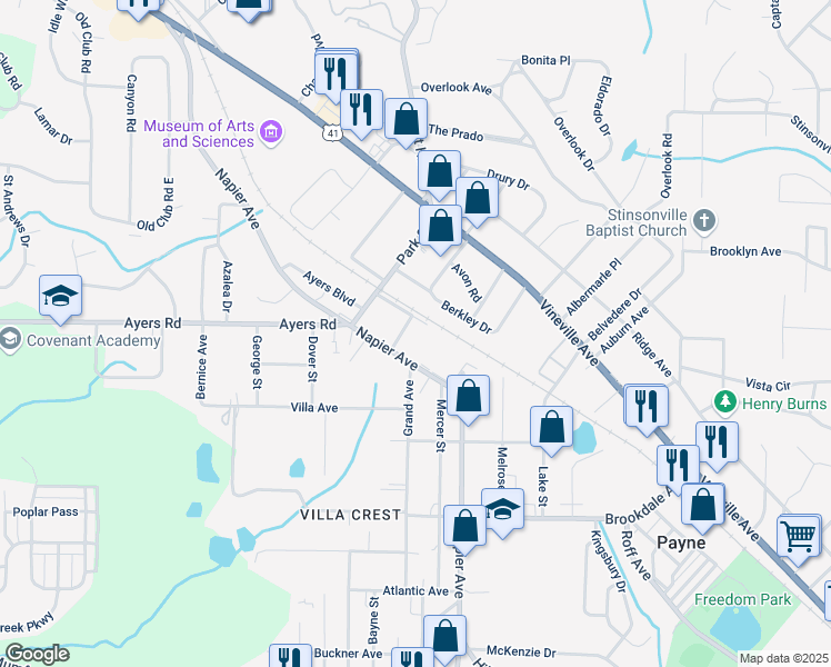 map of restaurants, bars, coffee shops, grocery stores, and more near 3 Britt Drive in Macon