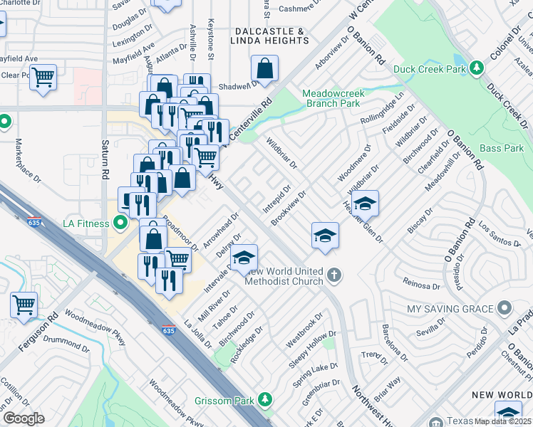 map of restaurants, bars, coffee shops, grocery stores, and more near 702 Arrowhead Circle in Garland