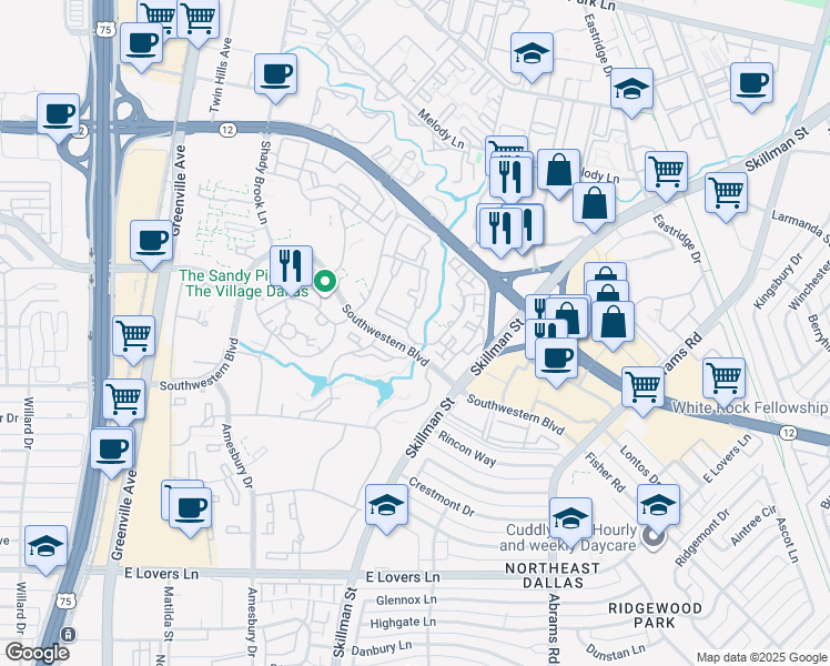 map of restaurants, bars, coffee shops, grocery stores, and more near 8733 Southwestern Boulevard in Dallas