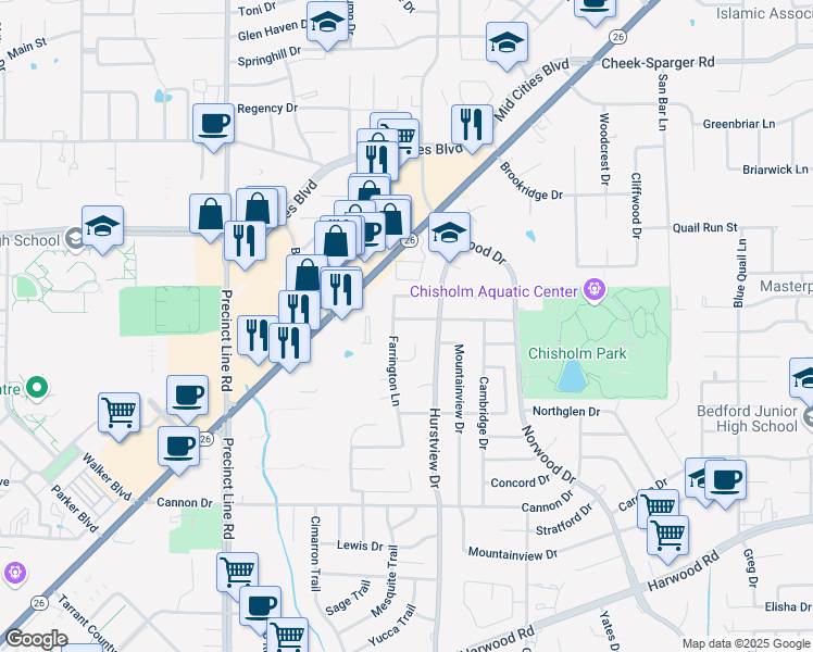 map of restaurants, bars, coffee shops, grocery stores, and more near 617 Stonehenge Drive in Hurst