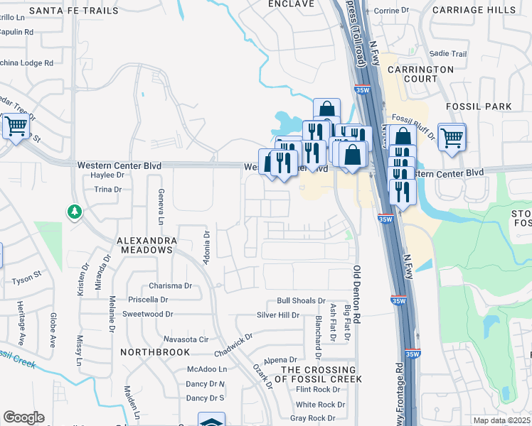 map of restaurants, bars, coffee shops, grocery stores, and more near Breeze Bay Point in Fort Worth