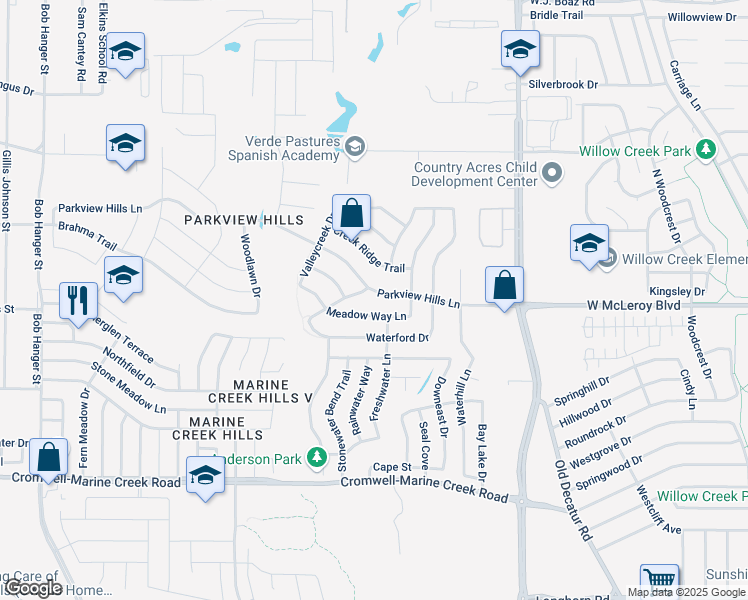 map of restaurants, bars, coffee shops, grocery stores, and more near 4868 Parkview Hills Lane in Fort Worth