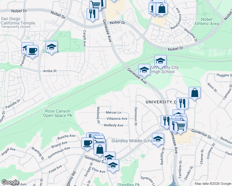 map of restaurants, bars, coffee shops, grocery stores, and more near 3471 Tony Drive in San Diego