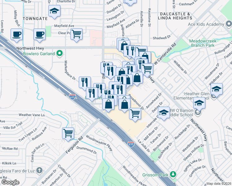 map of restaurants, bars, coffee shops, grocery stores, and more near 1015 West Centerville Road in Garland