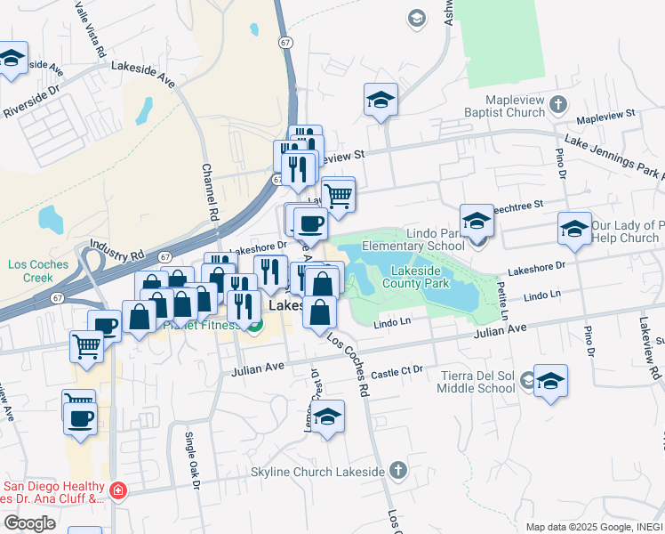 map of restaurants, bars, coffee shops, grocery stores, and more near 9839 Vine Street in Lakeside