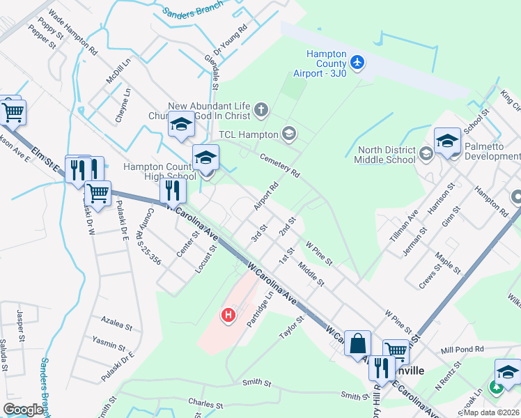 map of restaurants, bars, coffee shops, grocery stores, and more near 721 West Pine Street in Varnville