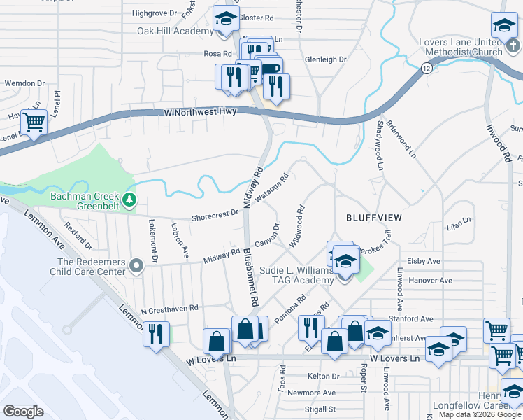 map of restaurants, bars, coffee shops, grocery stores, and more near 4506 Watauga Road in Dallas