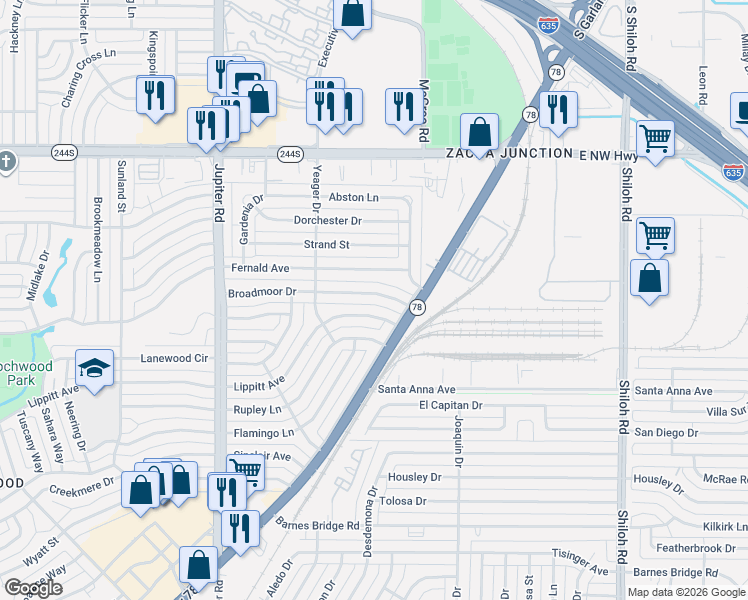 map of restaurants, bars, coffee shops, grocery stores, and more near 11818 Broadmoor Drive in Dallas