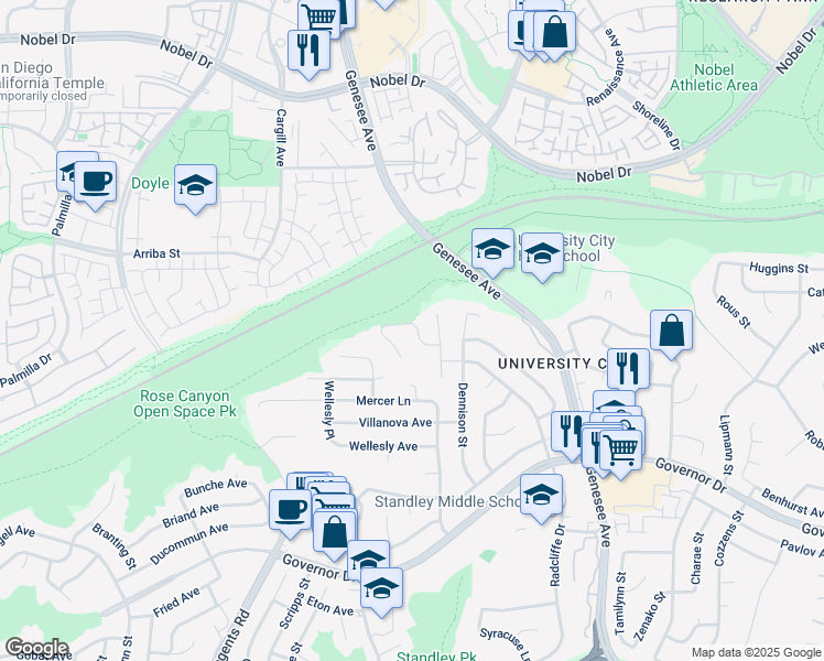 map of restaurants, bars, coffee shops, grocery stores, and more near 3511 Tony Drive in San Diego