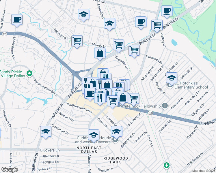 map of restaurants, bars, coffee shops, grocery stores, and more near 6310 Theater Way in Dallas