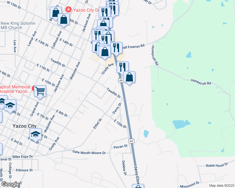 map of restaurants, bars, coffee shops, grocery stores, and more near 1205 Ethel Street in Yazoo City