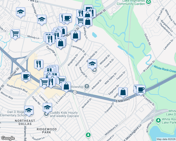 map of restaurants, bars, coffee shops, grocery stores, and more near 6929 Town North Drive in Dallas