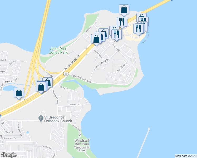 map of restaurants, bars, coffee shops, grocery stores, and more near 5730 Marvin Loving Drive in Garland