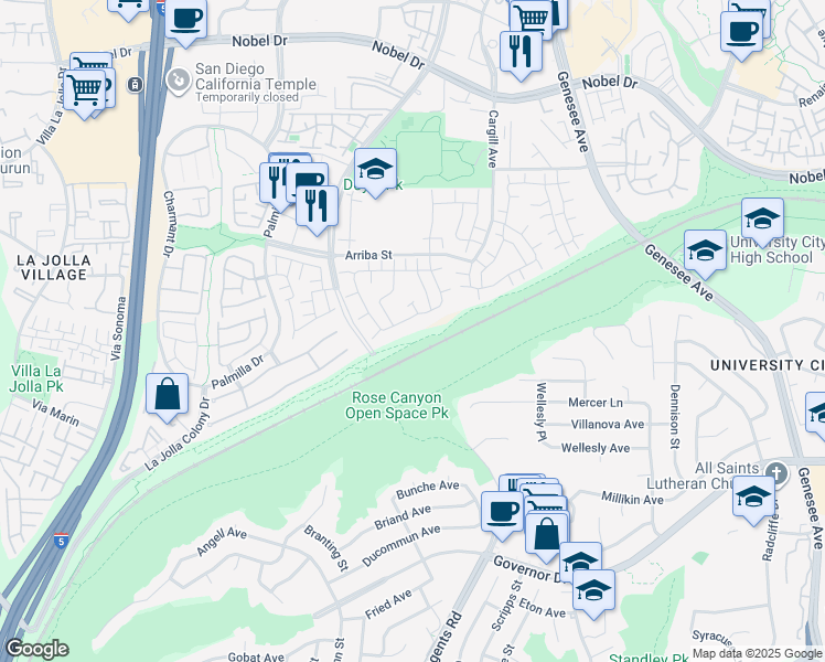 map of restaurants, bars, coffee shops, grocery stores, and more near 3941 Camino Lindo in San Diego