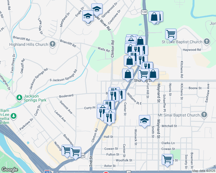 map of restaurants, bars, coffee shops, grocery stores, and more near 1243 Highland Avenue in Macon