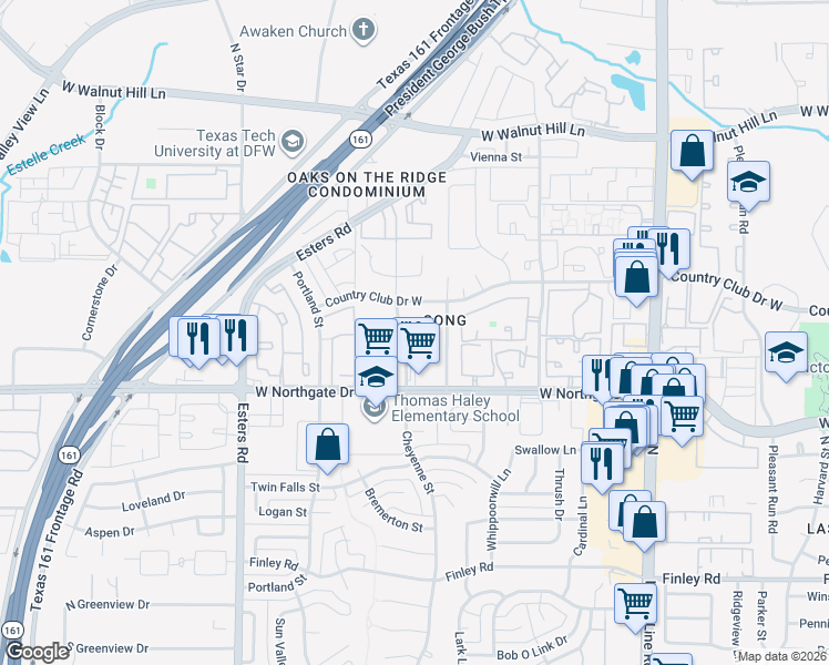 map of restaurants, bars, coffee shops, grocery stores, and more near 3808 East Runge Court in Irving