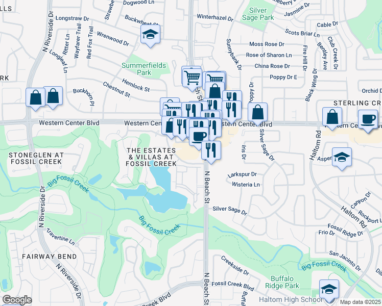 map of restaurants, bars, coffee shops, grocery stores, and more near 6430 Spoonwood Lane in Fort Worth