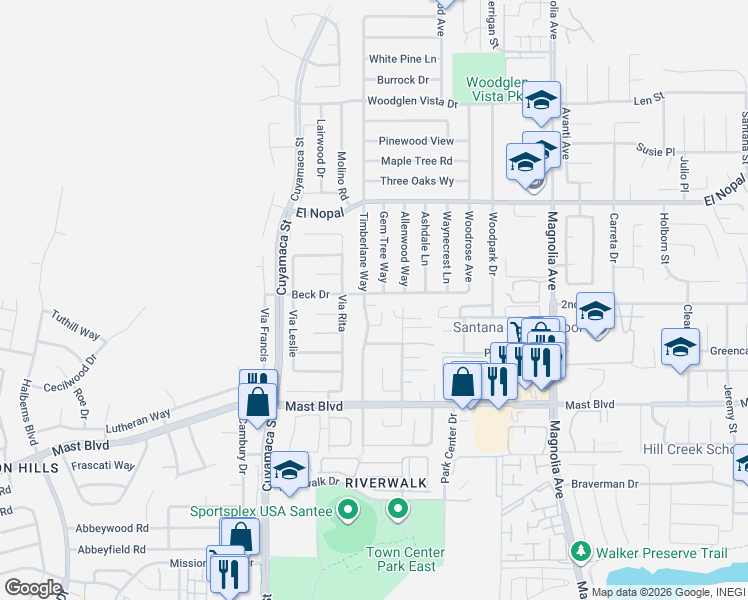map of restaurants, bars, coffee shops, grocery stores, and more near 10009 Beck Drive in Santee