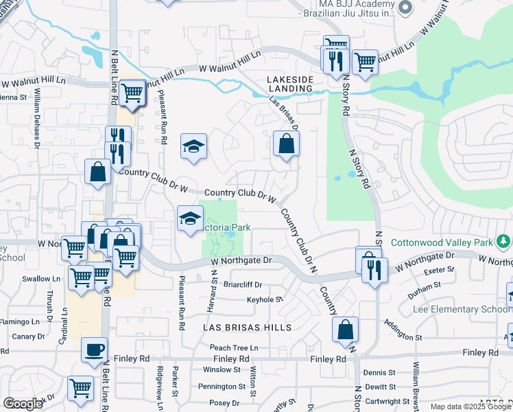 map of restaurants, bars, coffee shops, grocery stores, and more near 2501 Skyline Drive in Irving