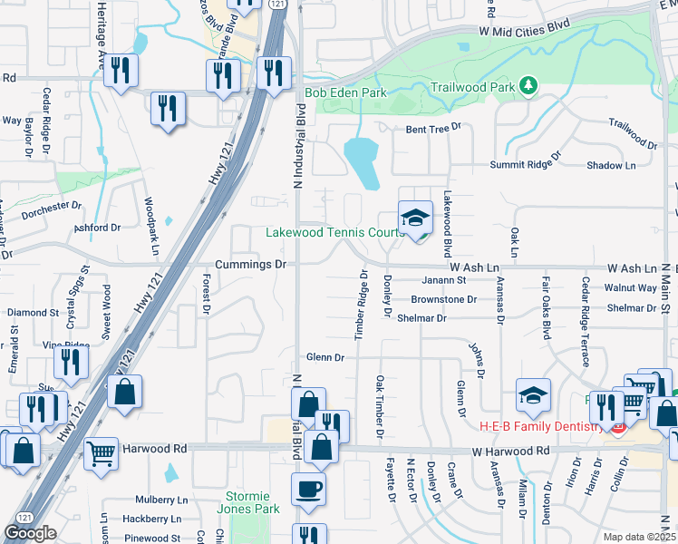 map of restaurants, bars, coffee shops, grocery stores, and more near 908 Woodcreek Court in Euless