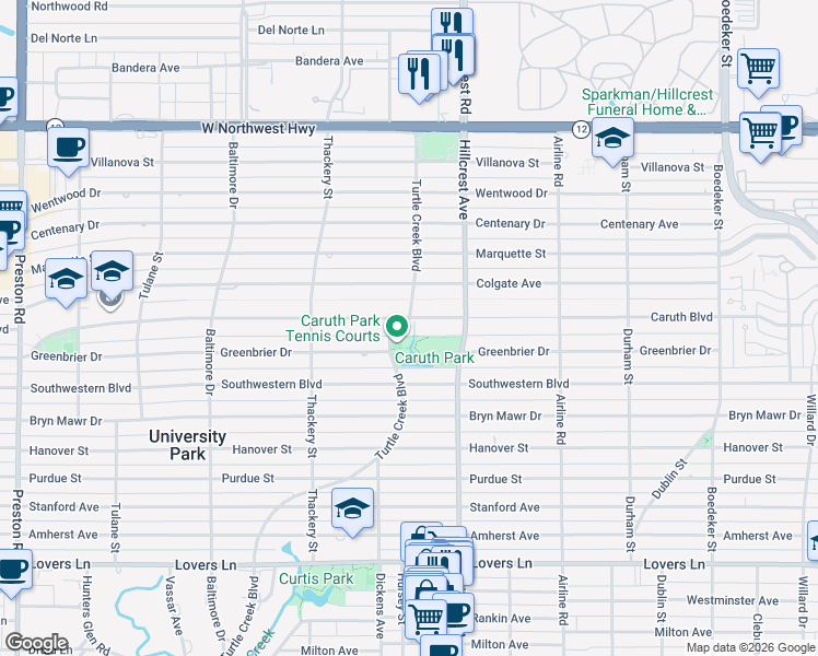 map of restaurants, bars, coffee shops, grocery stores, and more near 3437 Caruth Boulevard in Dallas