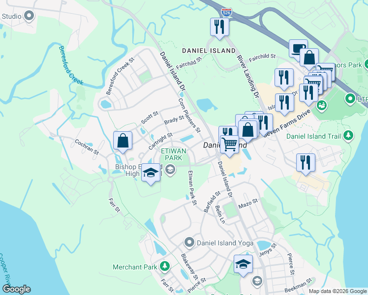map of restaurants, bars, coffee shops, grocery stores, and more near 126 Etiwan Park Street in Charleston
