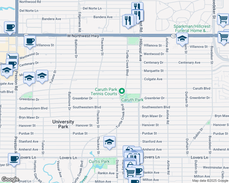 map of restaurants, bars, coffee shops, grocery stores, and more near 3509 Caruth Boulevard in Dallas
