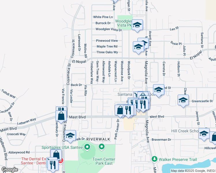 map of restaurants, bars, coffee shops, grocery stores, and more near 10051 Beck Drive in Santee